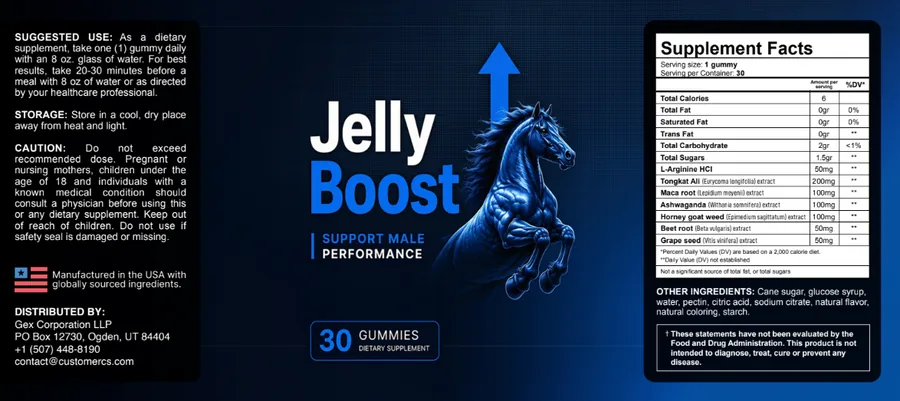JellyBoost male performance gummies label strip showing the formula highlights